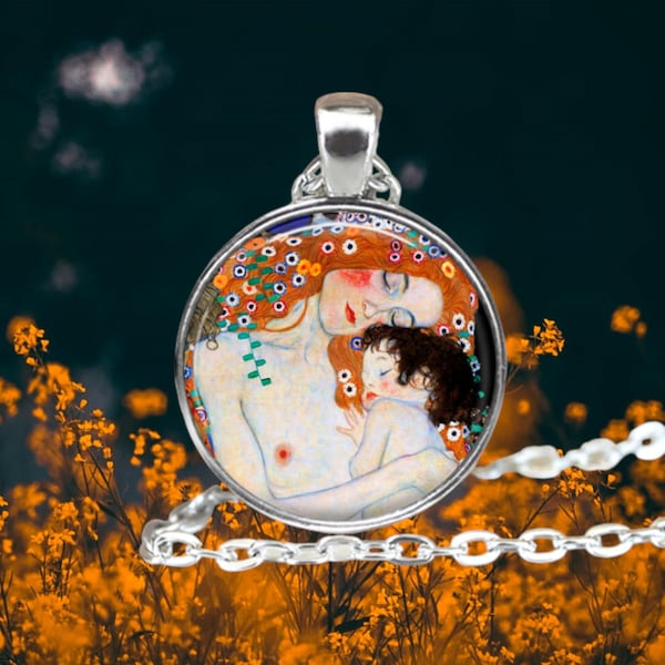 Klimt Mother and Child Pendant Necklace - Three Ages of Woman - Mom and Baby - Gift for Mother - Art Nouveau Jewelry - Klimt Jewelry