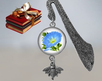Blue Morning Glory Flower Bookmark: Filigree Reader Gift