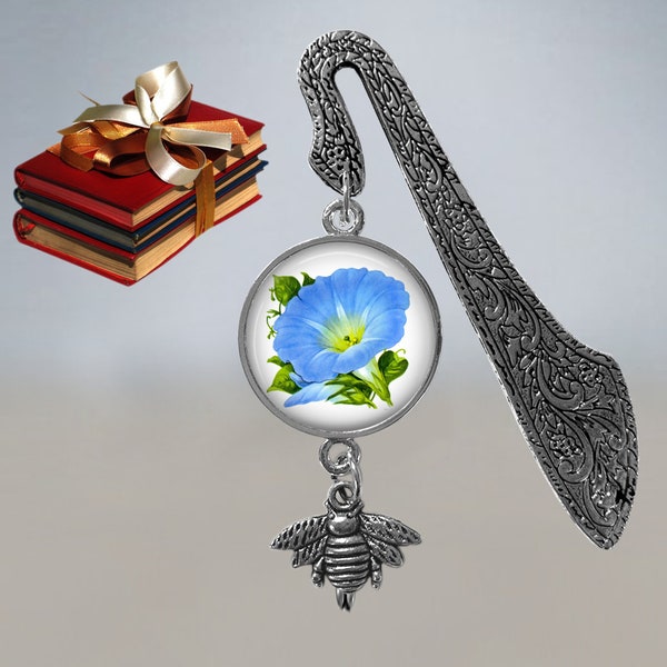 Blue Morning Glory Flower Filigree Bookmark - Reading Gifts - Gifts for Readers - Bee Charm - Gardener Gifts - Flower Lover - Gifts for Her