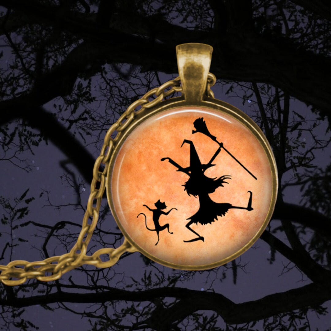 Dancing Witch & Cat Pendant Necklace: Halloween Jewelry - Etsy