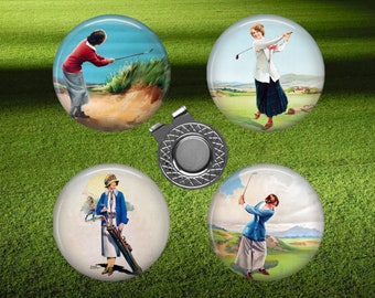 Vintage Lady Golfers Golf Ball Markers and Visor Clip Set - Golf Gift for Her - Golfing Womens Gift - Female Golfer Club - Daughter Gift