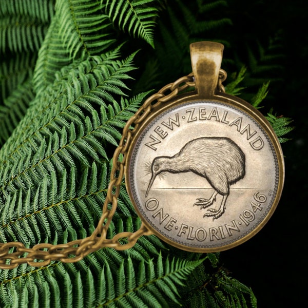 New Zealand Kiwi Coin IMAGE Necklace - Florin Pendant - Coin Pendant - Image of a Vintage New Zealand Florin Bird 1946 - Money Jewelry