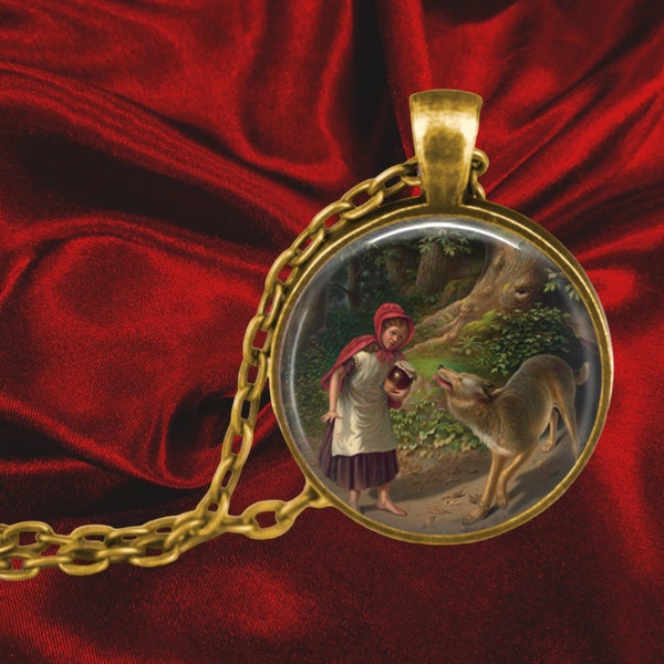 Collier Le petit chaperon rouge et le loup - Pendentif chaperon - Bijoux de conte de fées - Grand méchant loup - Fables d'Ésope - Cadeaux pour enfants