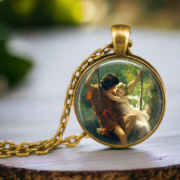 Springtime by Pierre Auguste Cot - Classic Art Jewelry - Lovers on a Swing - Romantic Jewelry - Romance - Young Love - Gift for Girlfriend