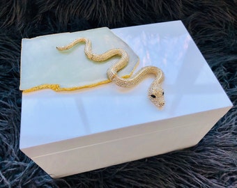 Couture White or Black Lacquer Box with Swarovski Crystal Snake atop Gold Gilded Agate Slab.