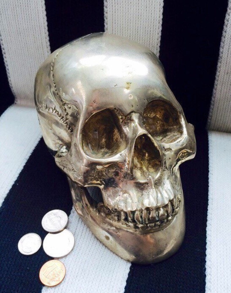 Vintage Lifesize Metal Halloween Skulls in Choice of Brass-Tone , Silver-Tone, or Antiqued Real Silver Finishes. image 4