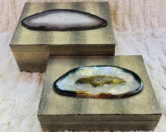 Chic Golden Snake Skin Embossed Boxes with Agate Slice Adornments.