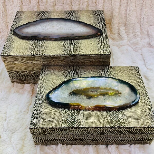 Chic Golden Snake Skin Embossed Boxes with Agate Slice Adornments.