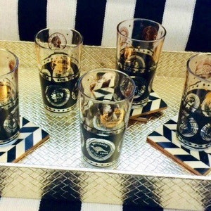 Set of 5 Culver Style Highball Glasses with Black & Gold World Coin Pattern and 22K Gold Detailing.