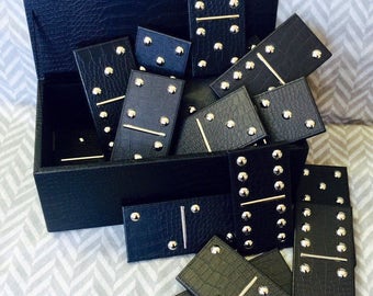 Giant 28 Piece Boxed Domino Set Enrobed in Black Crocodile with Chrome Accents.