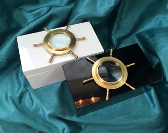 Black or White Lacquer Boxes with Brass Nautical Magnifying Glass Adornment.