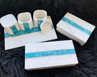 Choice of Gorgeous White Marble Boxes, Cantisters, or Tray with Gorgeous Turqoise and Brass Inlay.