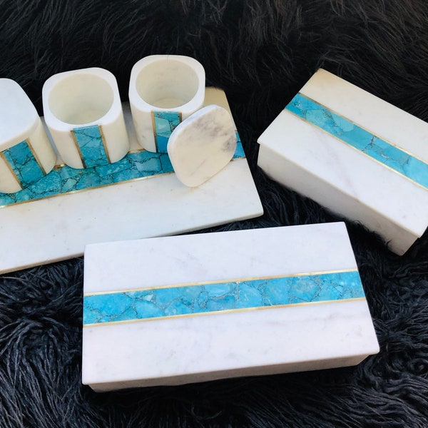 Choice of Gorgeous White Marble Boxes, Cantisters, or Tray with Gorgeous Turqoise and Brass Inlay.