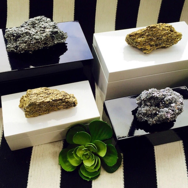 Choice of Chic Black or White Lacquer Boxes with Metallic Crystal Clusters.