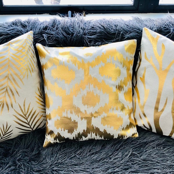 Large 18"x18" Cream Linen Pillow Covers in Choice of Gold Palm-leaf, Sea Coral, or Ikat Designs.