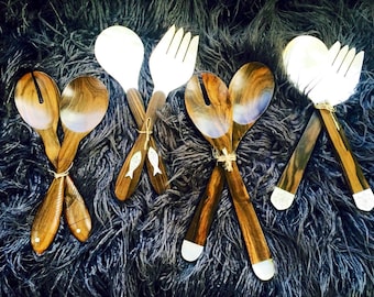 Choice of Serving Utensils Handmade of Tropical Wood with Mother of Pearl Shell Details.
