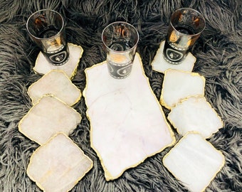 Gorgeous Off-White Quartz Tray & Coasters with Gold Gilded "Live Edges".
