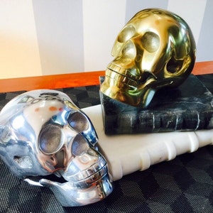 Vintage Lifesize Metal Halloween Skulls in Choice of Brass-Tone , Silver-Tone, or Antiqued Real Silver Finishes. image 5