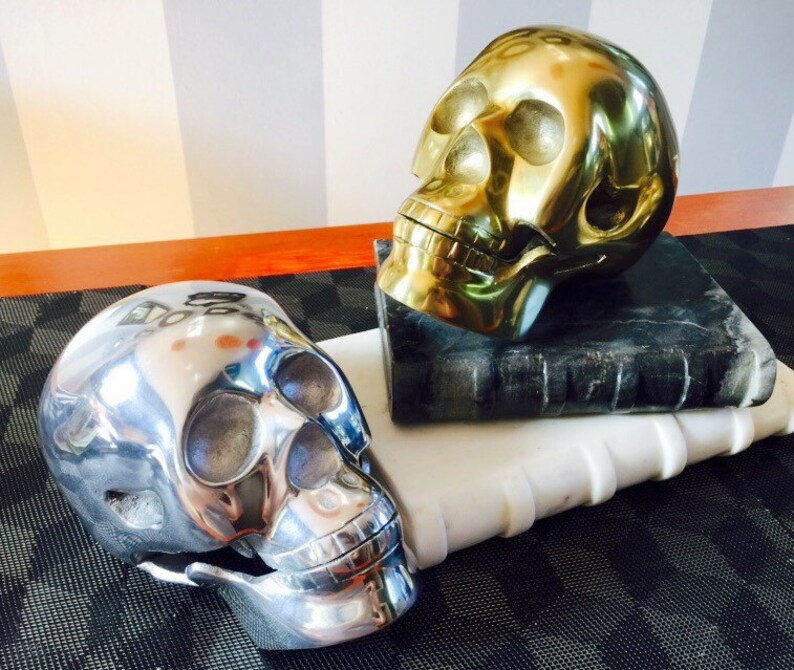 Vintage Lifesize Metal Halloween Skulls in Choice of Brass-Tone , Silver-Tone, or Antiqued Real Silver Finishes. image 5