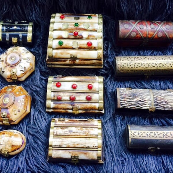 Vintage Moroccan Bone Boxes with Intricate Brass Details in Choice of 11 Styles.