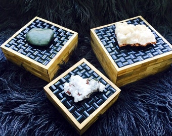 Handsome Boxes made of Bamboo Tiles & Basket Woven Black Horn with Choice of Jade or Crystal Toppers.