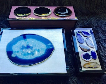 Black Lacquer Boxes with Choice of Purple Accent with 3 Black Agates, Silver-Leafing with Huge Blue Agate Slice, or Gold with 7 Agates.