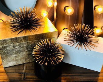 Chic Lacquer Boxes with Bronze Sea Urchin Decorations in Choice of Black, White, or Gold Leaf Finishes.