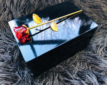 Large Black or White Lacquer Box with 24K Gold-Plated & Red Handblown Glass Rose Adornment.