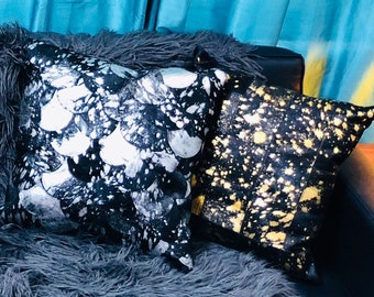 Black Leather Patchwork Pillows with Choice of Silver or Gold Gilded Designs.