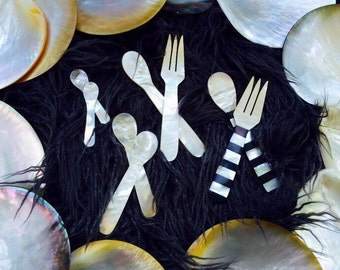 Mother-of-Pearl Shell Utensils in Choice of Striped Fork/Spoon, Natural Fork/Spoon, & Medium or Mini Natural Spoon.