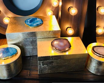 Gold-Leafed Lacquer Boxes with Choice of Chic Blue or Black & White Agate Slices.