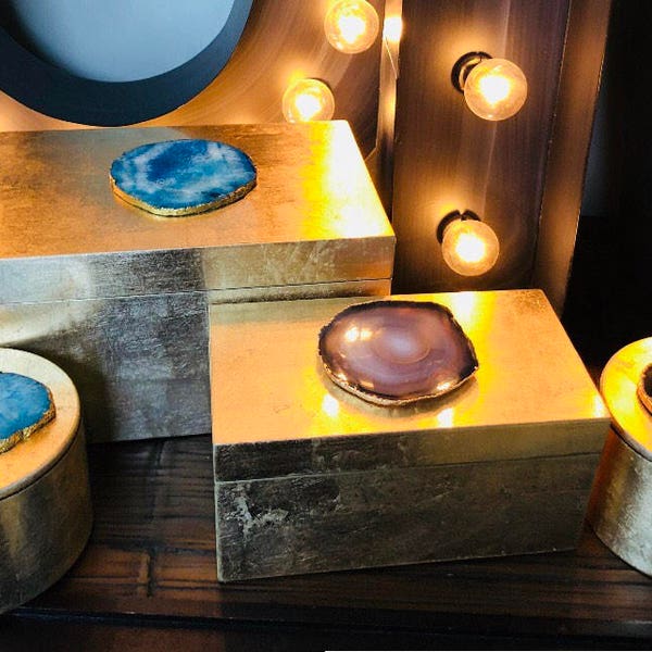 Gold-Leafed Lacquer Boxes with Choice of Chic Blue or Black & White Agate Slices.