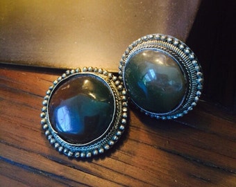 Vintage Boho Earrings with Cabochon Agate Stones in Handmade Silver.