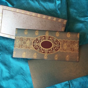 SALE! Lot of 100 Elegant Indian Wedding Invitations with Bronze Paper, Rich Burgundy Accents & Gold Glitter Paisley Detailing.