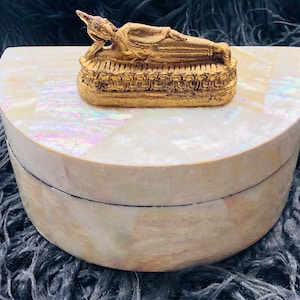 Half Circular Mother-of-Pearl Box with Reclining Golden Thai Buddha Adornment.