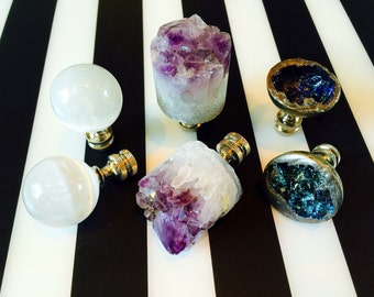 Stylish Pairs of Lamp Finials in Choice of Amethyst Crystal Core, Selenite Orbs, or Bismuth Crystals.