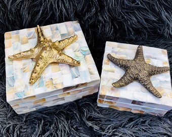 Gorgeous Mother-of-Pearl Inlayed Boxes with Cast Metal Starfish Decorations.