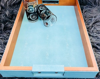 Rectangular Tray Sheathed in Aqua Blue Stingray/Shagreen with Wood Trim & Cut-out Handles.