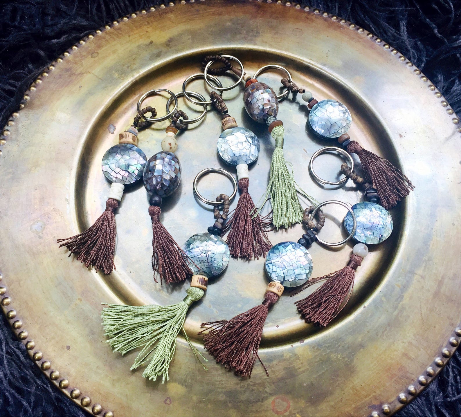 Key Rings With Choice of Mother-of-pearl Beads, Brown or Green Silk ...