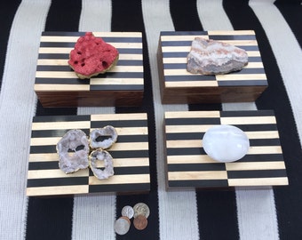 Geometric Inlayed Wood Boxes with Choice of Natural Stone Adornments.