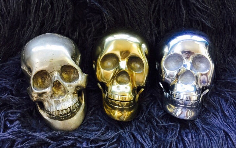 Vintage Lifesize Metal Halloween Skulls in Choice of Brass-Tone , Silver-Tone, or Antiqued Real Silver Finishes. image 1