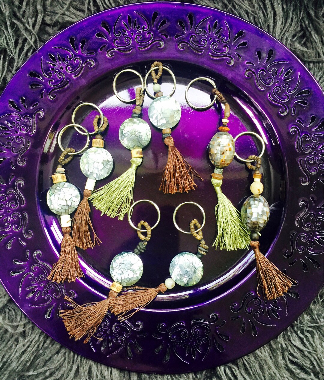 Key Rings With Choice of Mother-of-pearl Beads, Brown or Green Silk ...