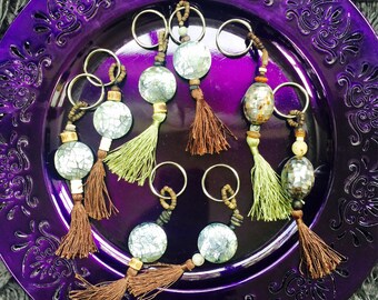 Key Rings with Choice of Mother-of-Pearl Beads, Brown or Green Silk Tassels, & Unique Accents.