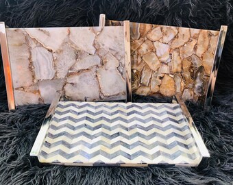 Modern Serving Trays with Sleek Silver Handles in Choice of Earthtone Agates or Chevron Patterned Bone Tiles.