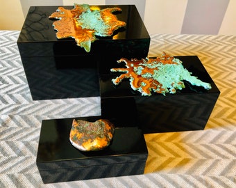 Couture Black Lacquer Boxes with Gorgeous Splash Copper Adornments.