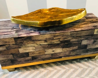 Couture Box with Gray Bone Tiles, Brass Detailing, & Sensuous Brass Lips Adornment.