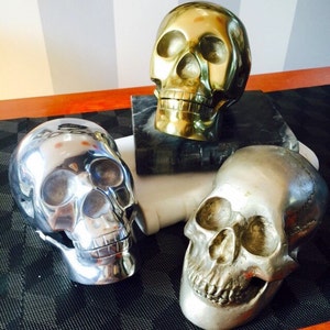 Vintage Lifesize Metal Halloween Skulls in Choice of Brass-Tone , Silver-Tone, or Antiqued Real Silver Finishes. image 3