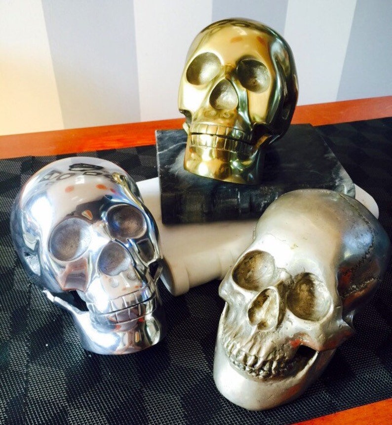 Vintage Lifesize Metal Halloween Skulls in Choice of Brass-Tone , Silver-Tone, or Antiqued Real Silver Finishes. image 3