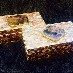 Mother-of-Pearl Boxes with Inlayed Hectagonal Tiles & Gorgeous Amethyst Slices with Gold Edging.