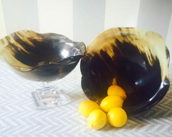 Rich Buffalo Horn Catchall Bowls with Glass Pedestal Bases.